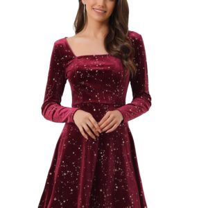 Allegra K Women's Christmas Stars Square Neck Vintage Velvet Mini Dress Medium Red