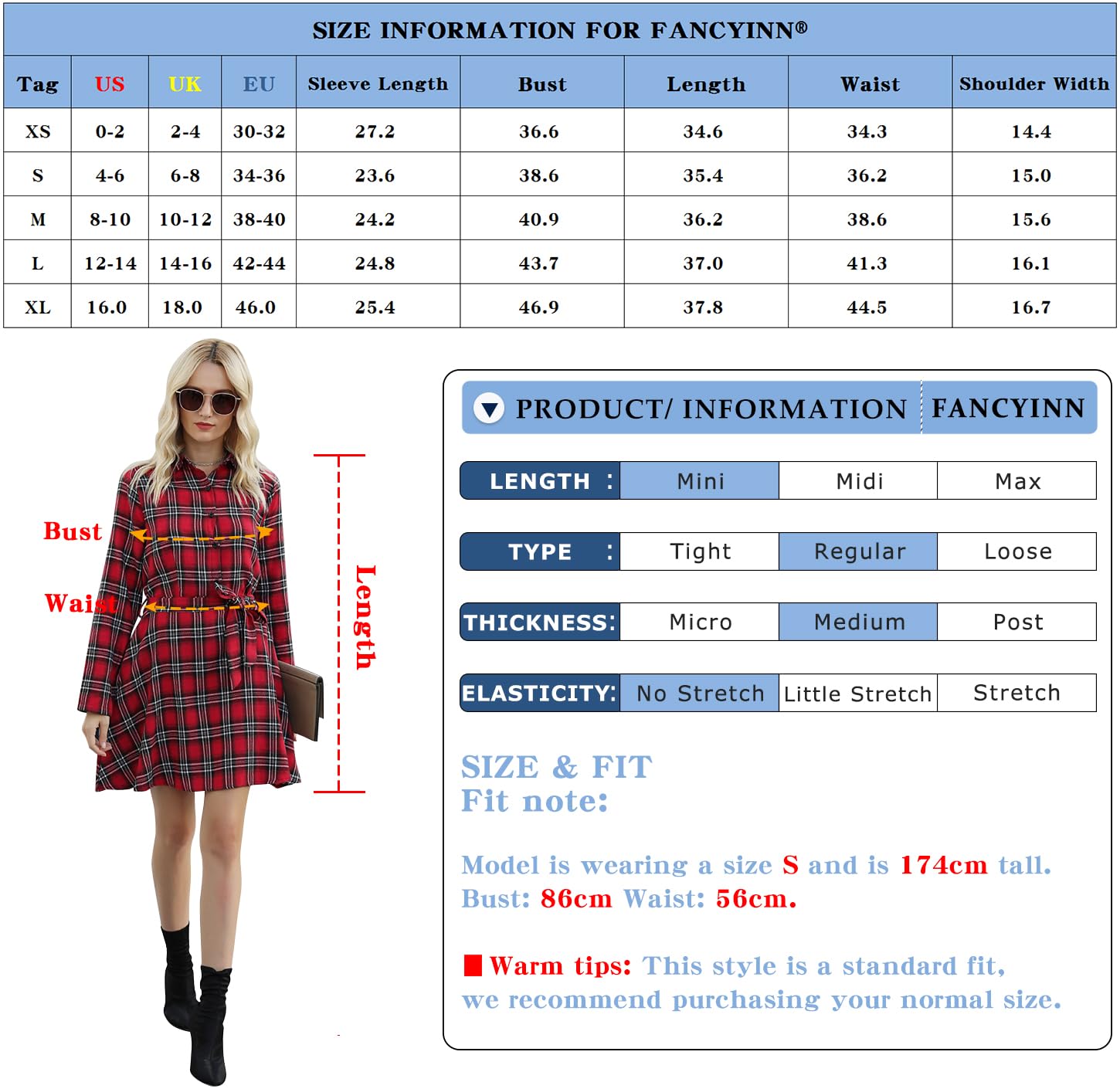 FANCYINN Womens Christmas Plaid Dresses Flannel Button Down Long Sleeve Shirt Dress Winter Casual Dresses Mini Dress with Pockets Red & White & Black L