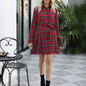 FANCYINN Womens Christmas Plaid Dresses Flannel Button Down Long Sleeve Shirt Dress Winter Casual Dresses Mini Dress with Pockets Red & White & Black L