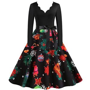 Deals of The Day Christmas Dresses for Women 2023 Casual Long Sleeve Cocktail Party Dress Plus Size V Neck Elegant Evening Prom Dresses with Belt Xmas Graphic Flowy Swing Dresss