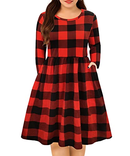 RITERA Plus Size Dress for Women 4X Black and Red Plaid Long Sleeve Dress Elastic High Waist Crewneck Fall Winter Flowy Casual Christmas Dress with Pocket 4XL 24W 26W