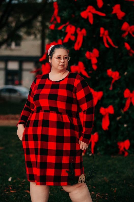 RITERA Plus Size Dress for Women 4X Black and Red Plaid Long Sleeve Dress Elastic High Waist Crewneck Fall Winter Flowy Casual Christmas Dress with Pocket 4XL 24W 26W