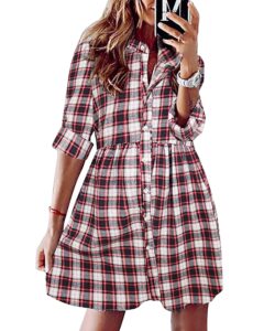 fancyinn women's gingham stand collar shirt dress button up casual round up long sleeve mini plaid shirt dresses christmas red and black s