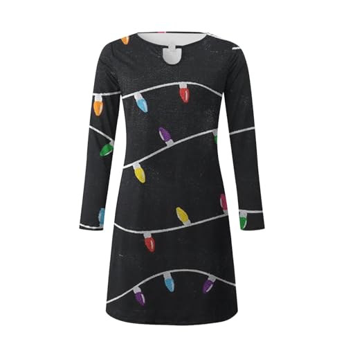 Women's Christmas Tree Printed Tunic Dress Long Sleeve Crewneck Casual Swing Loose T-Shirt Dress 2024 Fall Outfits Womens Plus Size Party Dress Women Dresses for Wedding Black B