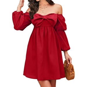 exlura womens summer casual wedding guest dress square bow neck long puff sleeve dress empire waist babydoll mini dress wine