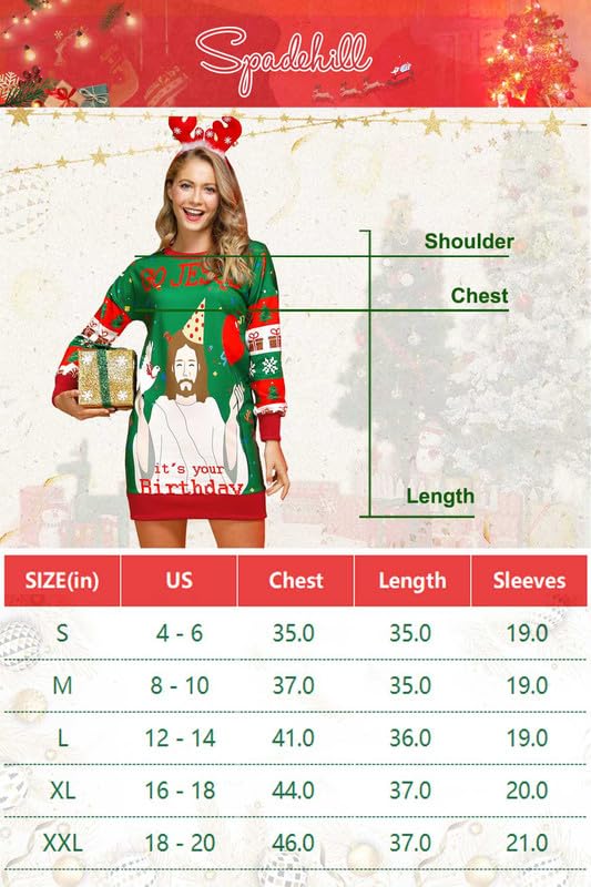 Christmas Women's Casual Printed Sweatshirt Party Ugly Holiday Cute Long Sleeves Dress Jesus S