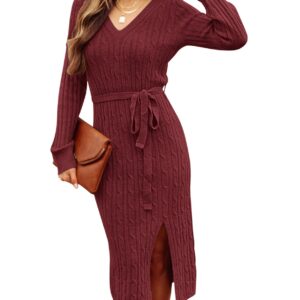 MEROKEETY Women's Long Sleeve V Neck Cable Knit Belted Bodycon Slit Sweater Dress for Party,Burgundy,S