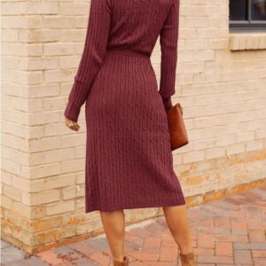 MEROKEETY Women's Long Sleeve V Neck Cable Knit Belted Bodycon Slit Sweater Dress for Party,Burgundy,S