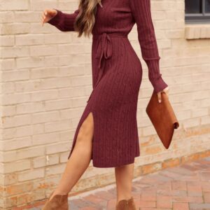 MEROKEETY Women's Long Sleeve V Neck Cable Knit Belted Bodycon Slit Sweater Dress for Party,Burgundy,S