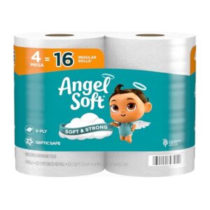 Angel Soft Toilet Paper, 4 Mega Rolls = 16 Regular Rolls, Soft and Strong Toilet Tissue, White