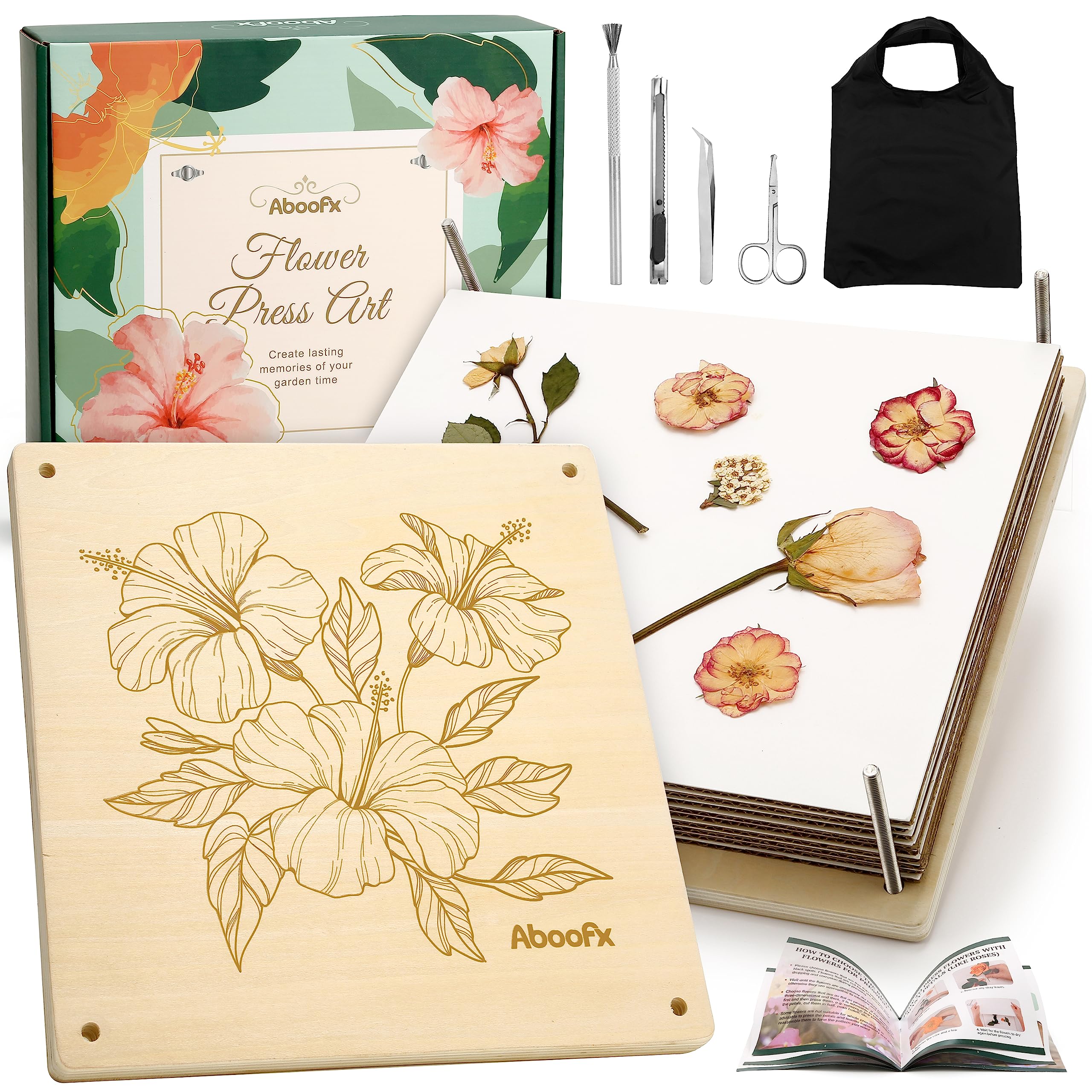 Aboofx Extra Large Flower Press Kit, 10.8" x 10.8" 10 Layers Wooden Flower Pressing Kit with Storage Bag, Flower Pressing Kit for Adults, DIY Pressed Flower Plant Preservation Kit