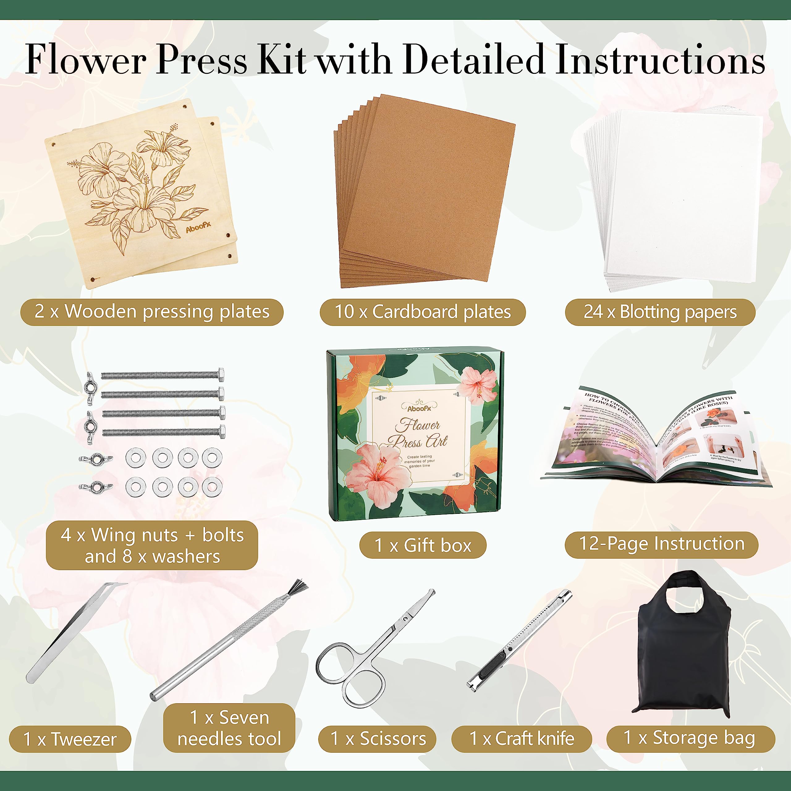 Aboofx Extra Large Flower Press Kit, 10.8" x 10.8" 10 Layers Wooden Flower Pressing Kit with Storage Bag, Flower Pressing Kit for Adults, DIY Pressed Flower Plant Preservation Kit