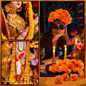 TRvancat Marigold Flowers Heads Bulk, Silk Artificial Flowers for Diwali,Indian Festival, DIY Marigold Garland Day of The Dead Decorations (Orange)