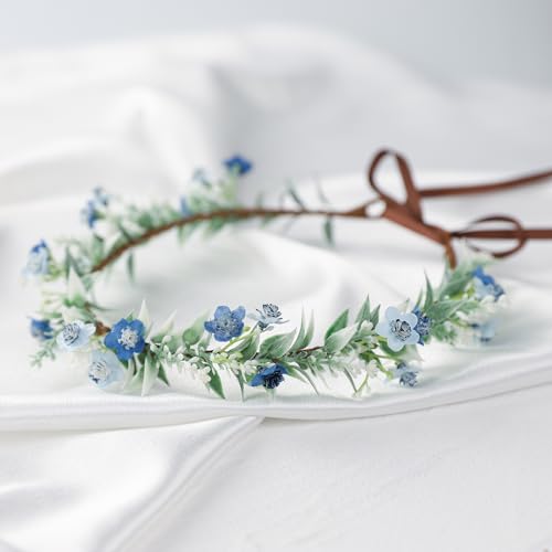 KorViSHOW Handmade Blue Flower Crown Green Leaf Headdress for Women Girls Flower Headband Bridal Headpiece Fairy Wreath for Birthday Party Festival Cosplay