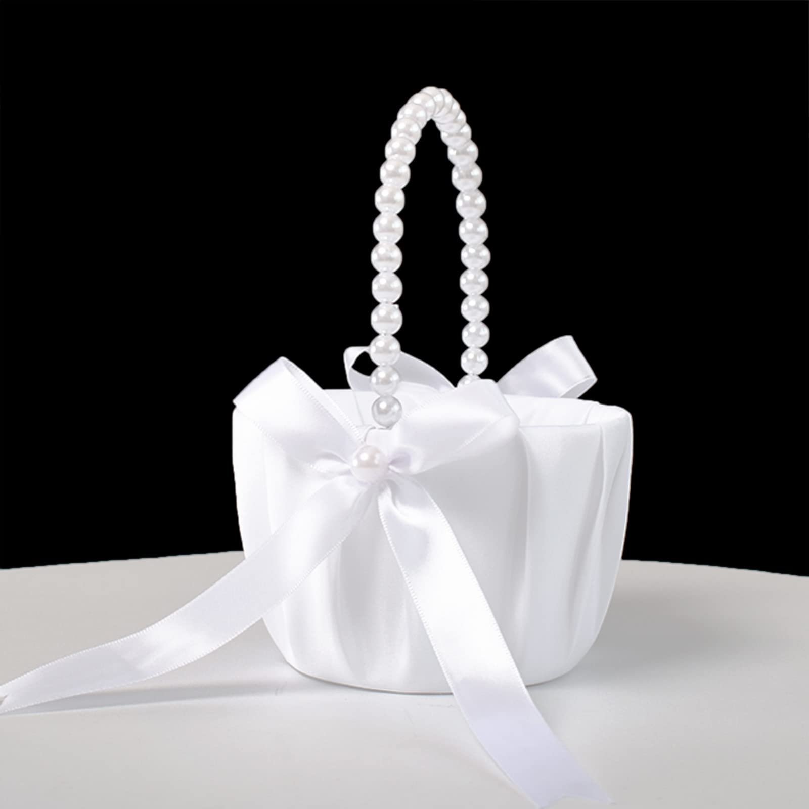 ATAILOVE Wedding Flower Girl Baskets with Pearl Handle, Satin Bowknot Flower Baskets for Flower Girl Pearl Collection - White