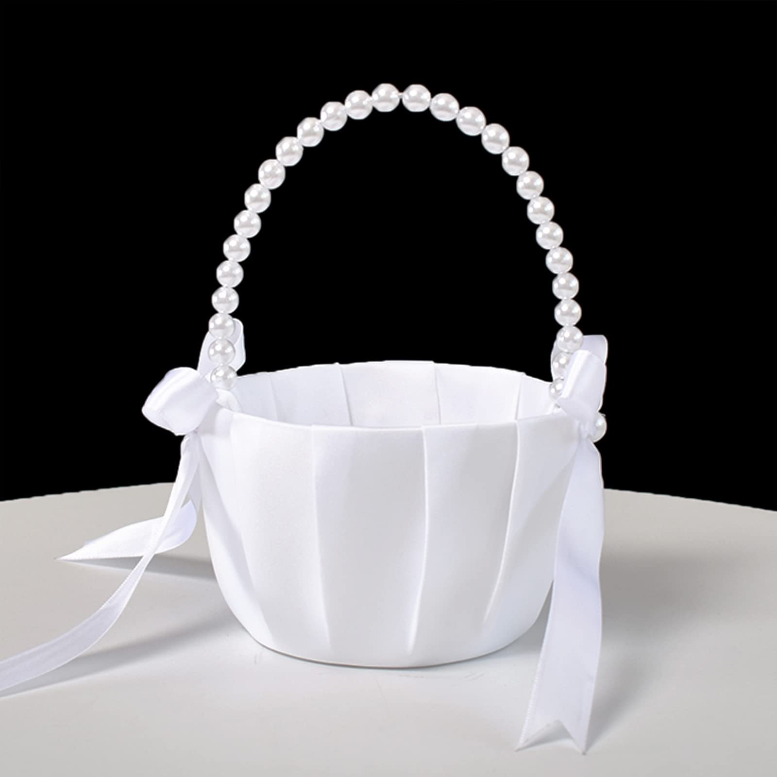 ATAILOVE Wedding Flower Girl Baskets with Pearl Handle, Satin Bowknot Flower Baskets for Flower Girl Pearl Collection - White