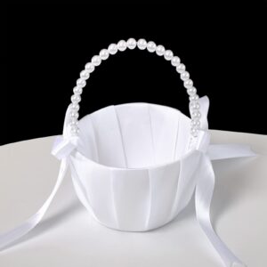 ATAILOVE Wedding Flower Girl Baskets with Pearl Handle, Satin Bowknot Flower Baskets for Flower Girl Pearl Collection - White