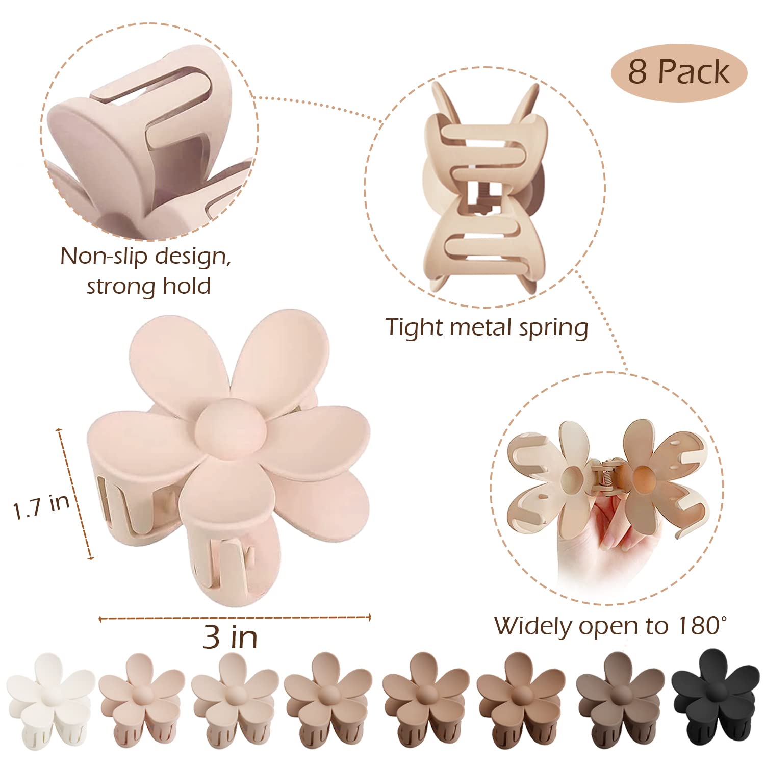 8 Pack Flower Hair Clips Large Hair Claw Clips for Women Thick Hair Matte Large Claw Clips Hair Jaw Clips Cute Big Dasiy Hair Clips Non Slip Strong Hold for Women Thin Hair Claw Clips Neutral 8 Colors