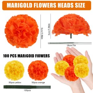 100PCS Artificial Marigold Flowers Heads Silk Orange Yellow Flower for Dia De Los Muertos Day of The Dead Diwali Home Decor Indian Theme Weddings DIY Wreath Garland Decoration