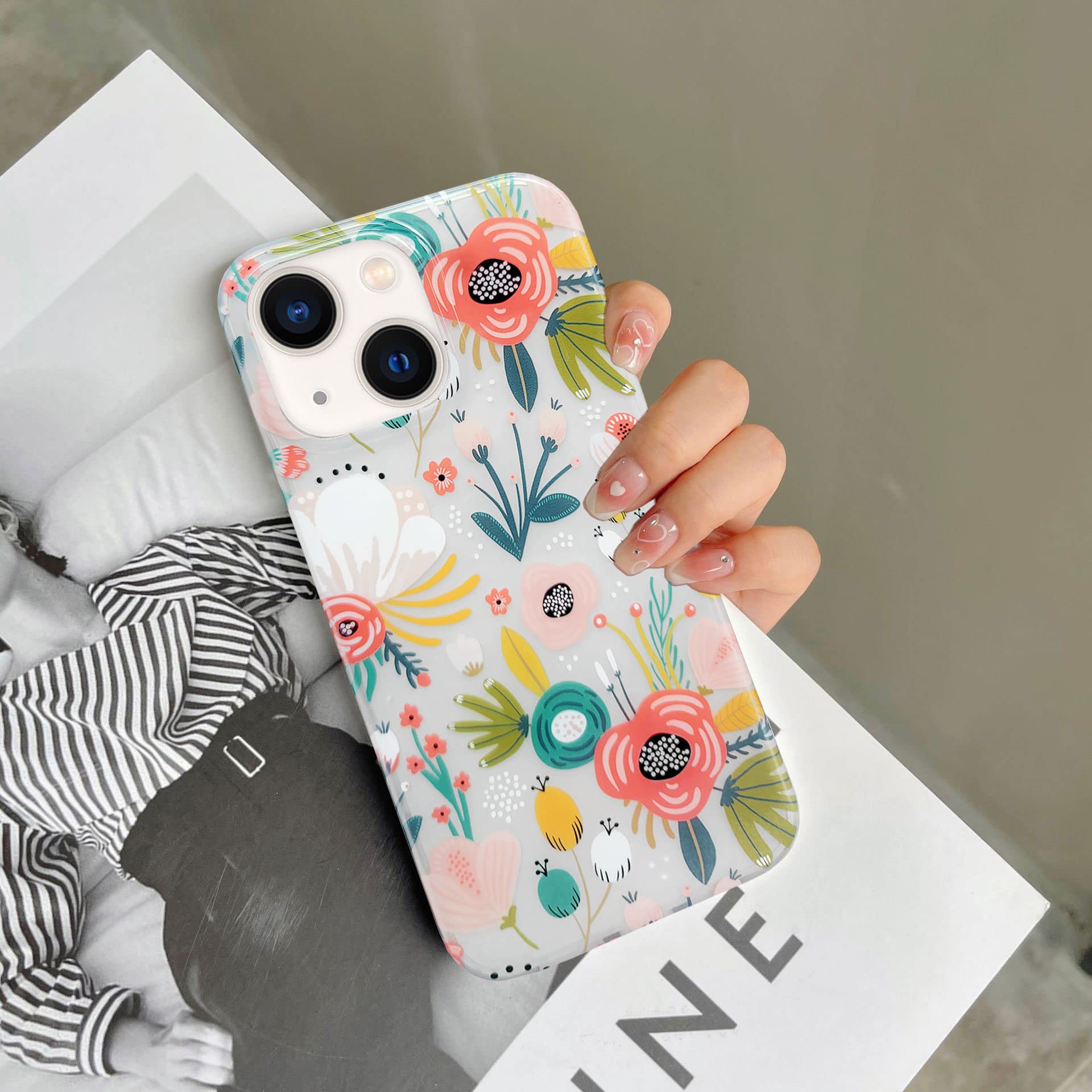 J.west iPhone 13 Case, Clear Floral Flexible TPU Shockproof Cover Transparent Elegant Designs Durable Protective Women Girls Flower Phone Case 6.1"