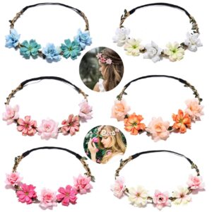 6 PCS Flower Crown for Women Girls Flower Headbands Flower Girl Headpiece Bride Bridesmaid Wedding Headdress Boho Flower Head Bands Hair Wreath Accessories Tiara for Little Girls Baby Toddler