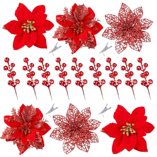 Sggvecsy 30 Pcs 3 Styles Christmas Glitter Poinsettia Flowers Artificial Berry Picks Christmas Tree Ornaments Artificial Christmas Flowers with Clips for Xmas Wedding Wreath Floral Decorations(Red)