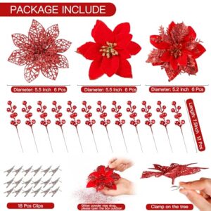 Sggvecsy 30 Pcs 3 Styles Christmas Glitter Poinsettia Flowers Artificial Berry Picks Christmas Tree Ornaments Artificial Christmas Flowers with Clips for Xmas Wedding Wreath Floral Decorations(Red)