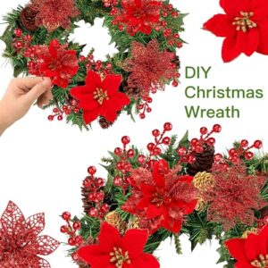 Sggvecsy 30 Pcs 3 Styles Christmas Glitter Poinsettia Flowers Artificial Berry Picks Christmas Tree Ornaments Artificial Christmas Flowers with Clips for Xmas Wedding Wreath Floral Decorations(Red)