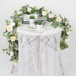 TOCHGREEN 4 Pack Artificial Eucalyptus Flower Garland with White Roses, Fake Rose Flower Greenery Garland Floral Vines for Wedding Home Party Table Runner Decor (4PCS, white)