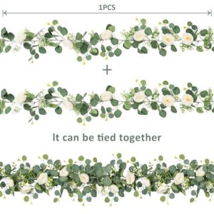 TOCHGREEN 4 Pack Artificial Eucalyptus Flower Garland with White Roses, Fake Rose Flower Greenery Garland Floral Vines for Wedding Home Party Table Runner Decor (4PCS, white)