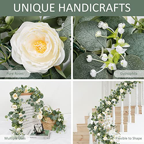 TOCHGREEN 4 Pack Artificial Eucalyptus Flower Garland with White Roses, Fake Rose Flower Greenery Garland Floral Vines for Wedding Home Party Table Runner Decor (4PCS, white)