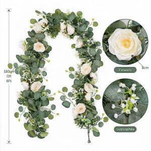 TOCHGREEN 4 Pack Artificial Eucalyptus Flower Garland with White Roses, Fake Rose Flower Greenery Garland Floral Vines for Wedding Home Party Table Runner Decor (4PCS, white)