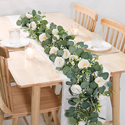 TOCHGREEN 4 Pack Artificial Eucalyptus Flower Garland with White Roses, Fake Rose Flower Greenery Garland Floral Vines for Wedding Home Party Table Runner Decor (4PCS, white)