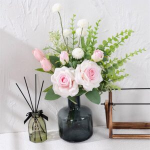 KIRIFLY Artificial Flowers Fake Silk Roses Eucalyptus Stems Floral Arrangements Wedding Bouquets Decorations Table Centerpieces Plastic Faux Plants Décor(Pink White)