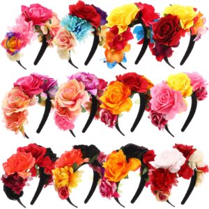 Xinnun 12 Pcs Mexican Rose Flower Crown Headband Easter Mardi Gras Headpiece Cosplay Headgear for Party