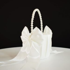 atailove flower girl basket with pearl handle, ivory fariy wedding baskets for flower girls