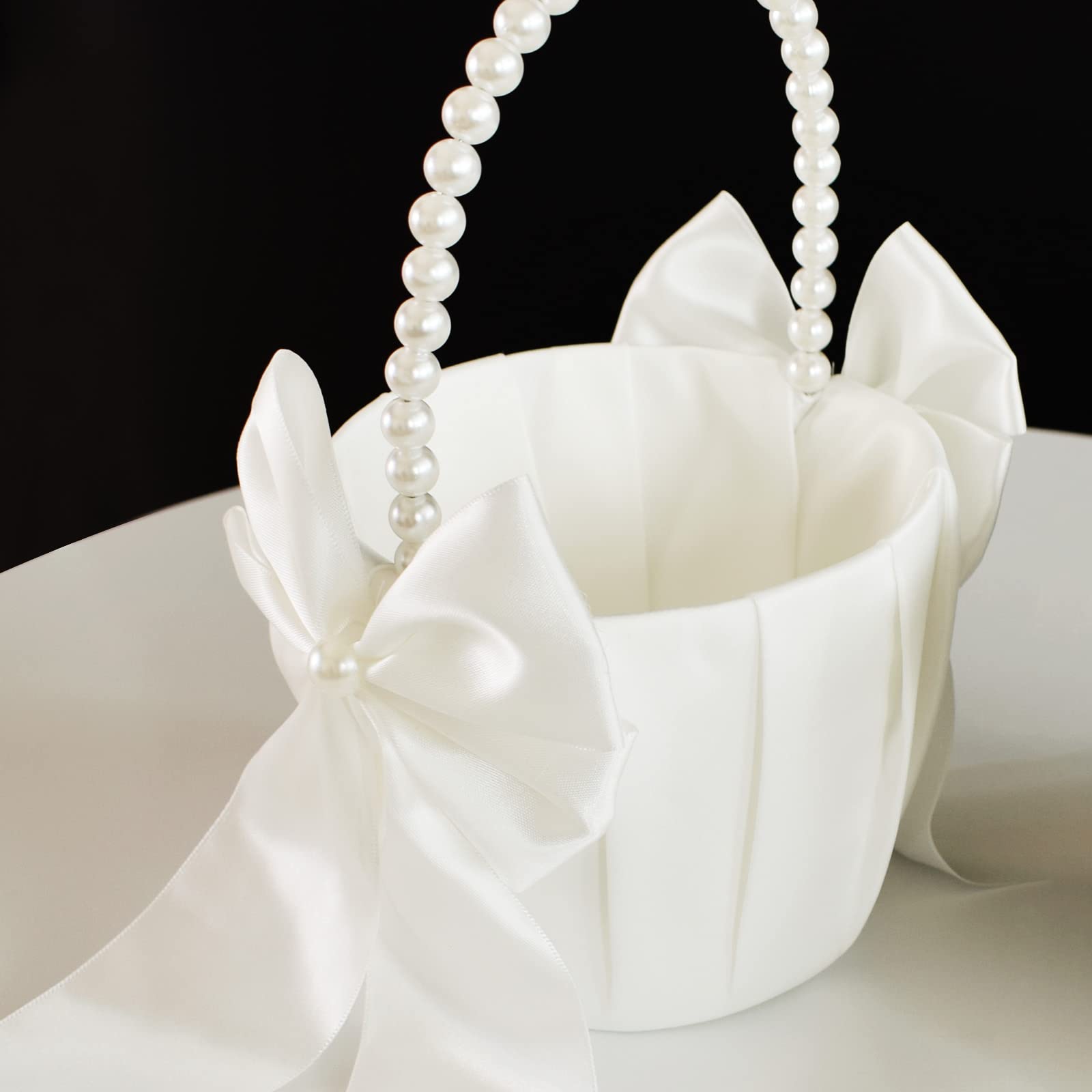 ATAILOVE Flower Girl Basket with Pearl Handle, Ivory Fariy Wedding Baskets for Flower Girls