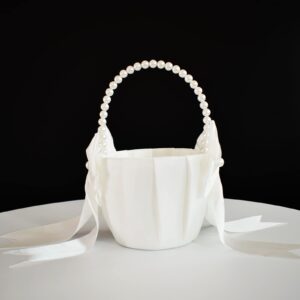 ATAILOVE Flower Girl Basket with Pearl Handle, Ivory Fariy Wedding Baskets for Flower Girls