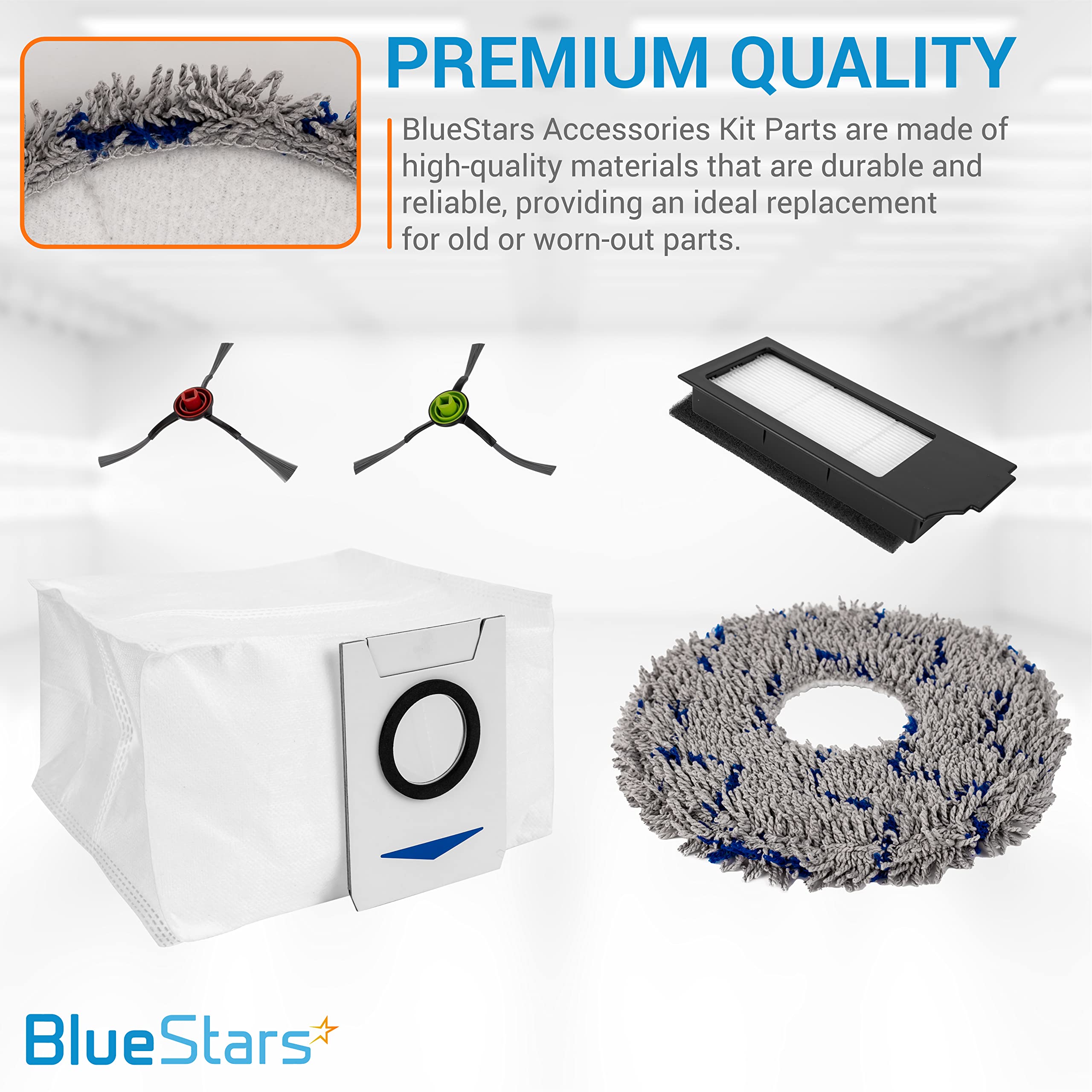 BlueStars Durable Replacement Accessories Parts Kit Fit Compatible with ECOVACS DEEBOT X1 Omni/ X1TURBO/ X1 Plus Robot Vacuum Cleaners (4 x mop pad, 5 x dust Bag, 2 x HEPA Filter, 8 x Side Brush)