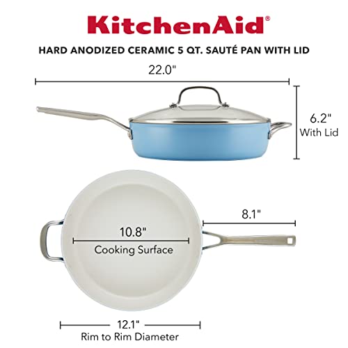 KitchenAid Hard Anodized Ceramic Nonstick Sauté Pan with Lid, 5 Quart, Blue Velvet