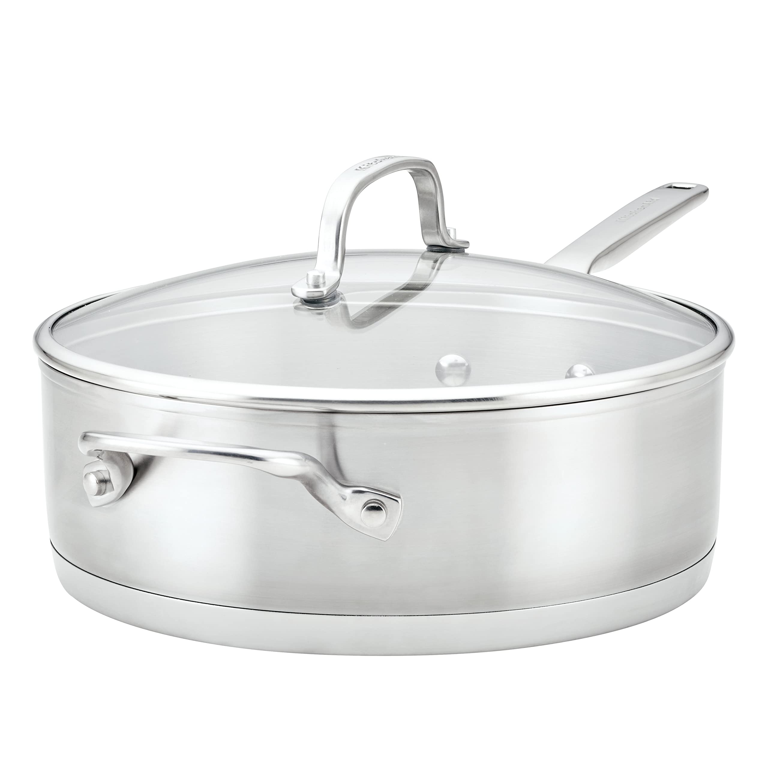 KitchenAid 3-Ply Base Brushed Stainless Steel Deep Saute Pan with Helper Handle and Lid, 4.5 Quart