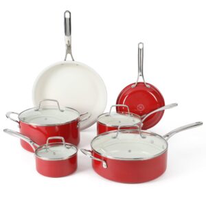 martha stewart lockton premium nonstick pfa free ceramic interior 10 piece enamel heavy gauge aluminum pots and pans cookware set - red