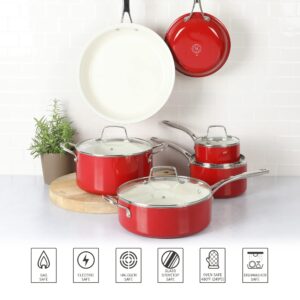 Martha Stewart Lockton Premium Nonstick PFA Free Ceramic Interior 10 Piece Enamel Heavy Gauge Aluminum Pots and Pans Cookware Set - Red