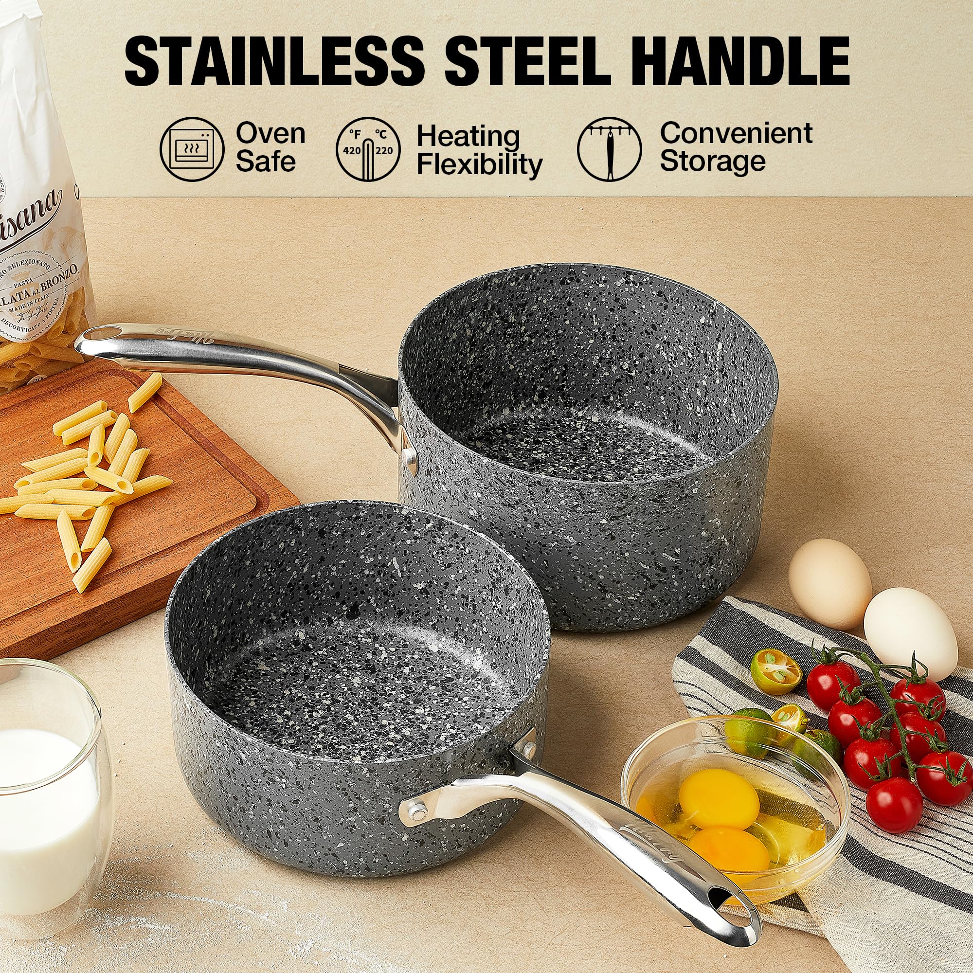 HLFRG Saucepan Set with Lid, Nonstick 2Qt & 3Qt Sauce Pan Set with Lid, Small Pot with Lid, Natural Granite Nonstick Saucepan Set, Small Sauce Pots, Grey Pot Set - 2Qt & 3Qt