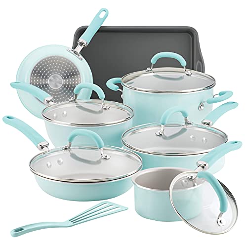 Rachael Ray Create Delicious Nonstick Cookware Pots and Pans Set, 13 Piece, Light Blue Shimmer