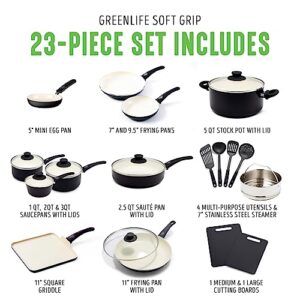 GreenLife Soft Grip Healthy Ceramic Nonstick 23 Piece Kitchen Cookware Pots and Frying Sauce Saute Pans Set with Kitchen Utensils, PFAS-Free, Dishwasher Safe, Black