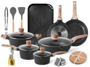 pots and pans set - caannasweis nonstick granite stone cookware sets, induction casseroles & saucepan & frying pans for cooking, pfos pfoa free, grill griddle black