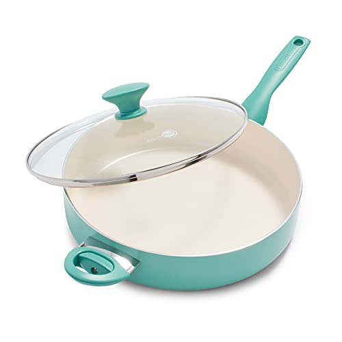 GreenPan Rio Healthy Ceramic Nonstick 5QT Saute Pan Jumbo Cooker with Helper Handle and Lid, PFAS-Free, Dishwasher Safe, Turquoise