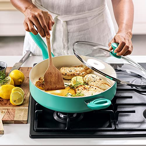 GreenPan Rio Healthy Ceramic Nonstick 5QT Saute Pan Jumbo Cooker with Helper Handle and Lid, PFAS-Free, Dishwasher Safe, Turquoise