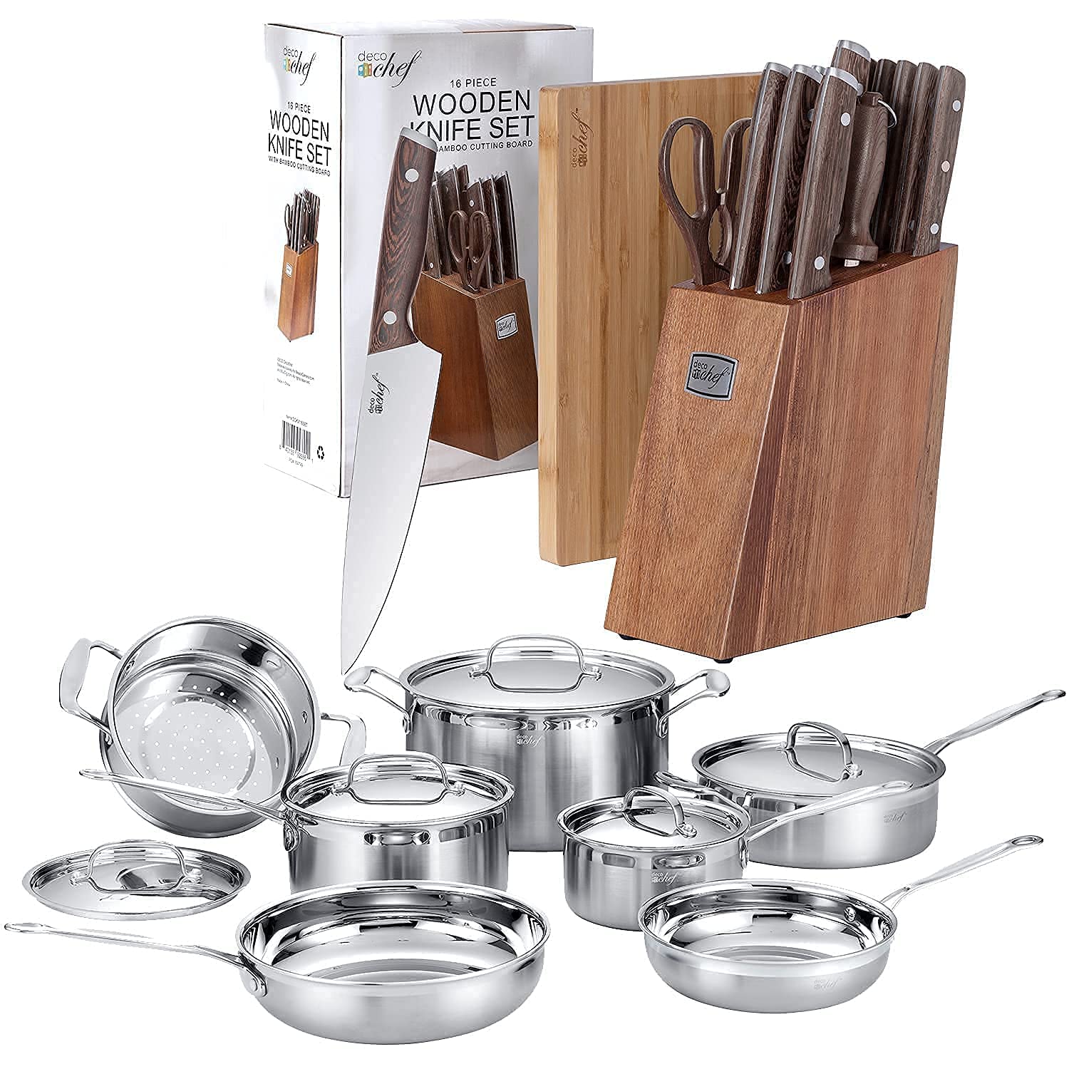 Deco Chef 12-Piece Stainless Steel Professional Cookware Set with Tri-Ply Base and 16-Piece Stainless Steel Knife Set with Full Tang Wooden Handles, Cutting Board, and Kitchen Shears